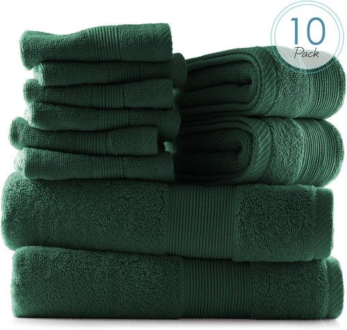 Hearth & Harbor Bath Towels - Luxury 100% Ring Spun Cotton Set of 10 | Ultra Soft & Highly Absorbent - Hunter Green
