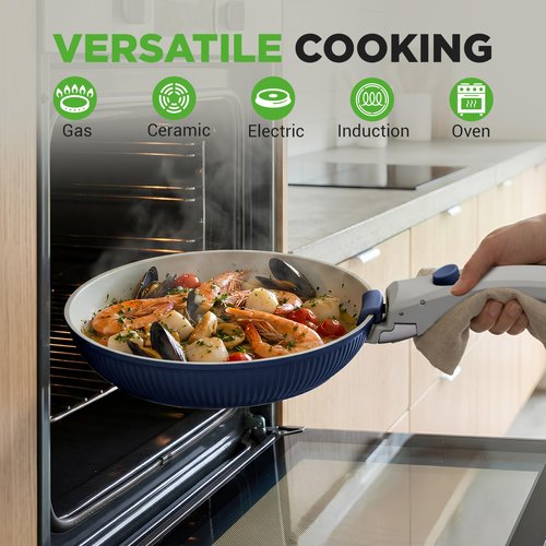 NutriChef 18-Piece Ceramic Cookware Set with Detachable Handles, Space-Saving Nonstick Pots, Pans & Lids, Oven-Safe Bowls, Stackable Storage, Includes Cooking Utensils & Accessories (Blue)