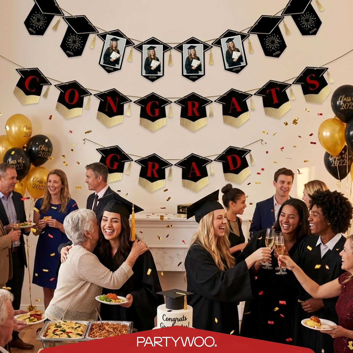 PartyWoo Graduation Banner - Class of 2026 Black and Red Decorations | 2-Piece Hanging Congrats Grad Set