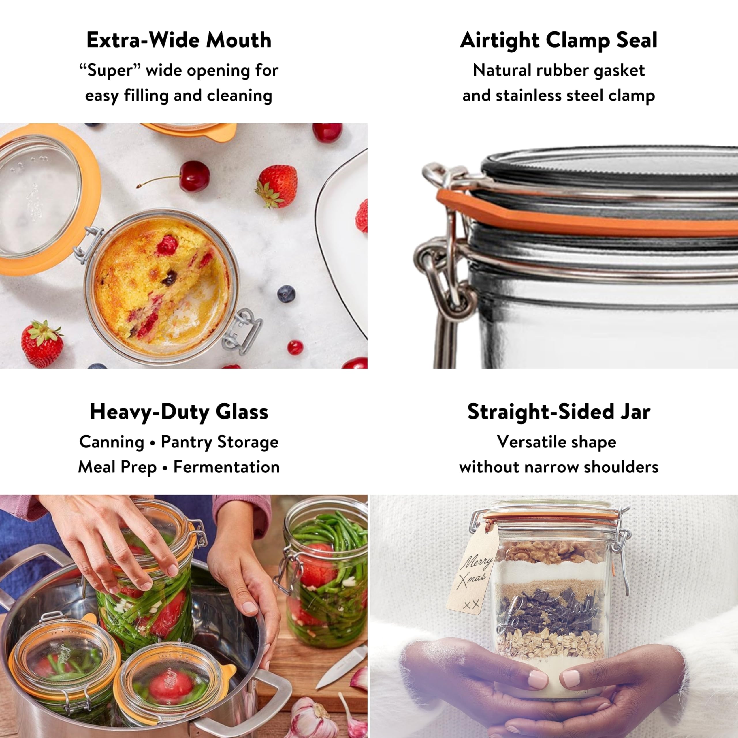 Le Parfait Super Terrine 1L (32oz) Zero Waste Eco-Friendly Glass Canning Jars, Airtight Rubber Seal & Wire Bail Lid, BPA-Free, Water Bath Safe for Food Storage & Preserving, Made in France, 4PK