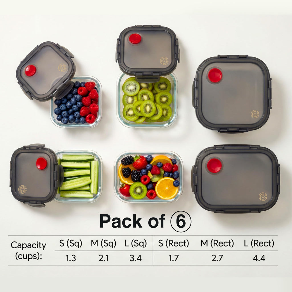 Clutterix Borosilicate Glass Airtight Food Storage Containers with Vented Lids, Assorted Set of 6 (3 Rectangular & 3 Square)