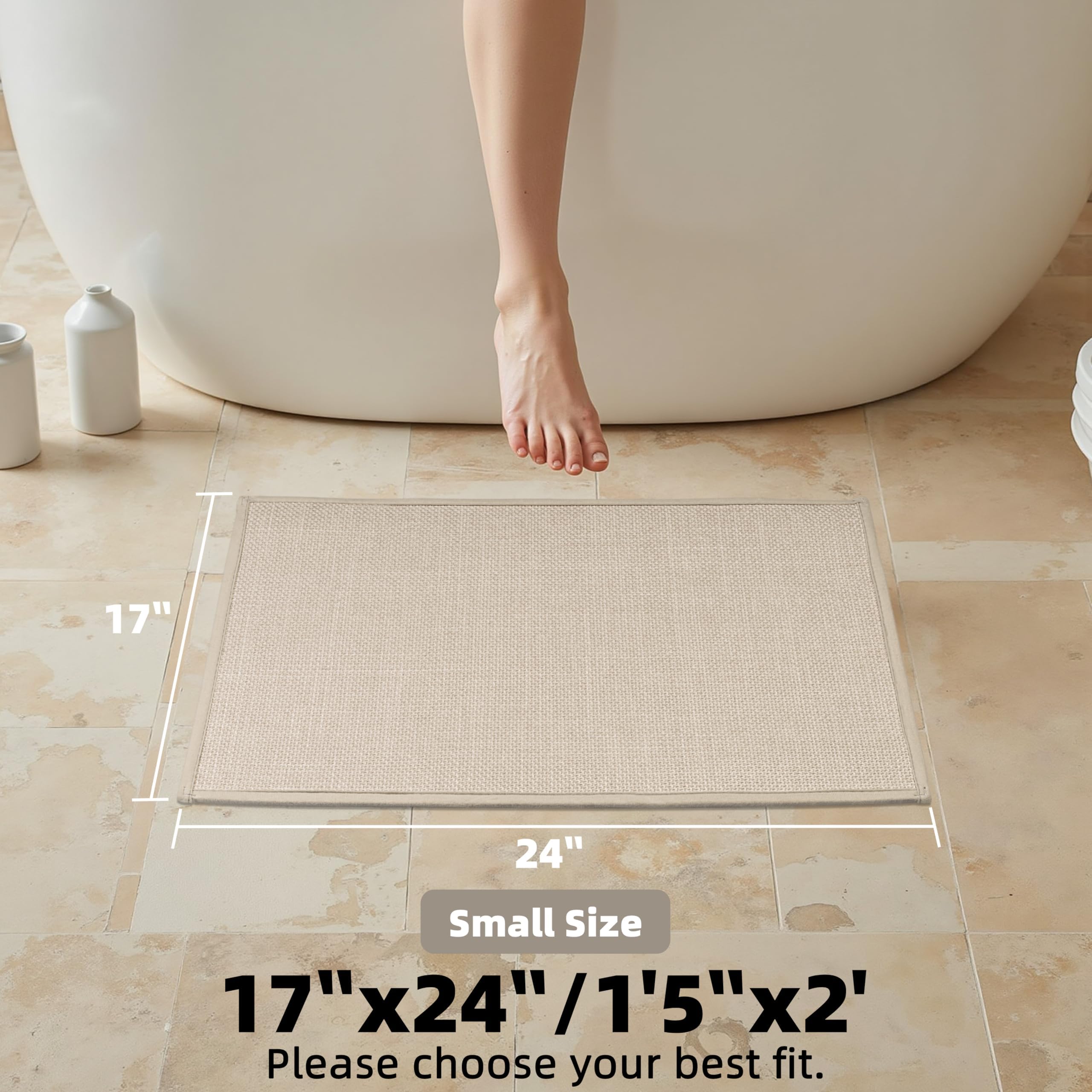 AevitasX Ultra Thin Non Slip Bath Mat with Rubber-Backing Braided Absorbent Machine Washable Bathroom Rugs, Quick Dry, Fits Under Door 17" x 24" Beige
