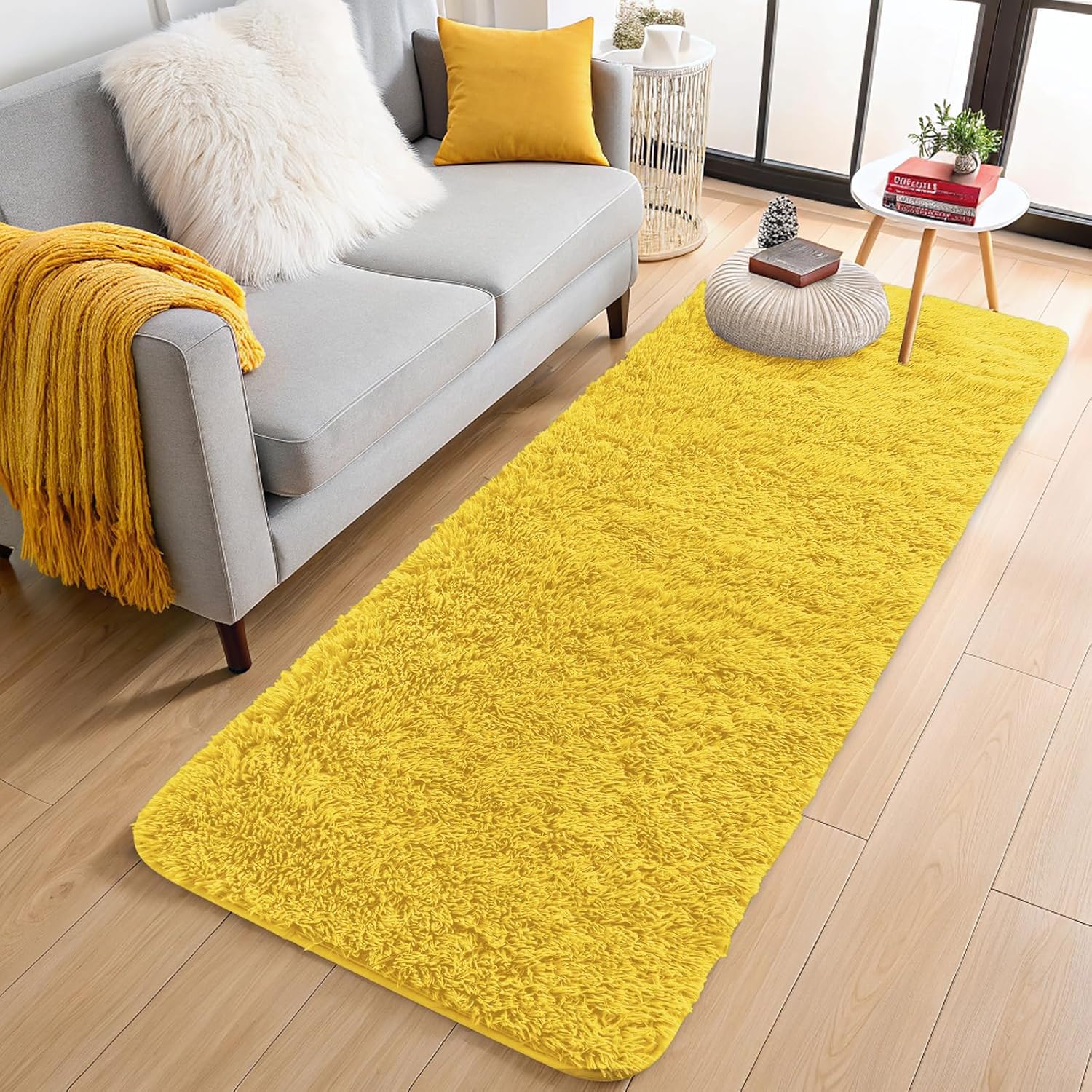 OLANLY 2x8 Machine Washable Runner Rug - Soft Fluffy Shaggy Design for Hallway & Bedroom | Yellow Indoor Carpet