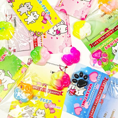 24 Pack Valentines Day Gift Cards for Kids with Cat Paw Squishy Toys, Valentine Exchange Gift for Boys Girls Toddlers Classroom School Party Favor