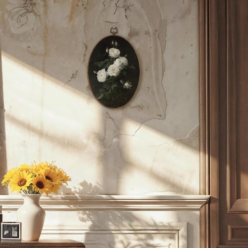 LKETW Vintage White Floral Oval Wall Art - Dark Cottagecore Canvas Decor for Home | 8.6x11.4 Inch