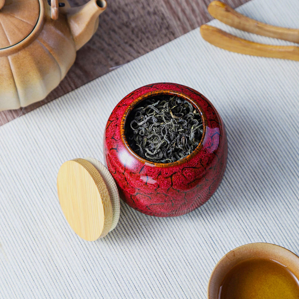 TkoYuHm 6oz Flambe Glaze Ceramic Loose Tea Canister Vintage Storage Jars with Airtight Wooden Lid Green Matcha Tin Container for Coffee Beans Condiments