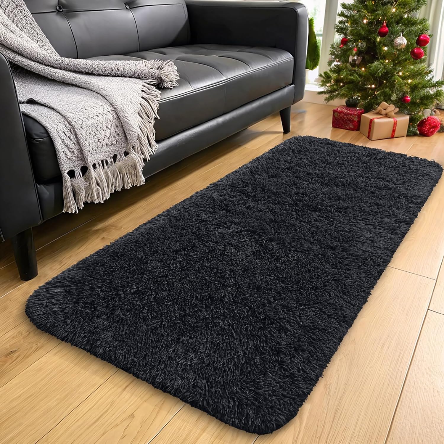 OLANLY 3x8 Machine Washable Runner Rug - Soft Fluffy Shaggy Design for Bedroom & Hallway | Black