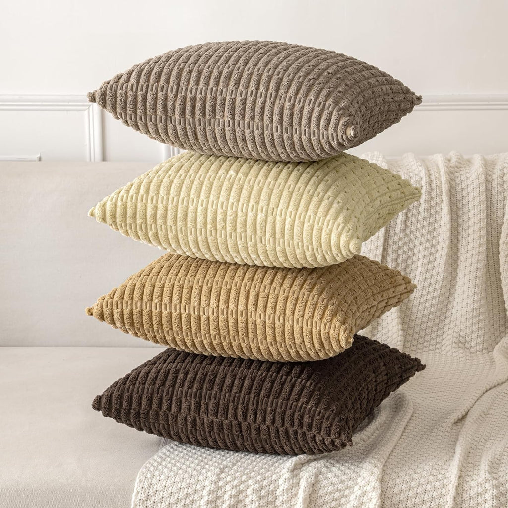 MIULEE Euro Sham Pillow Covers - Soft Corduroy Boho Striped Design | 24x24 Inch Dark Brown for Modern Home Decor