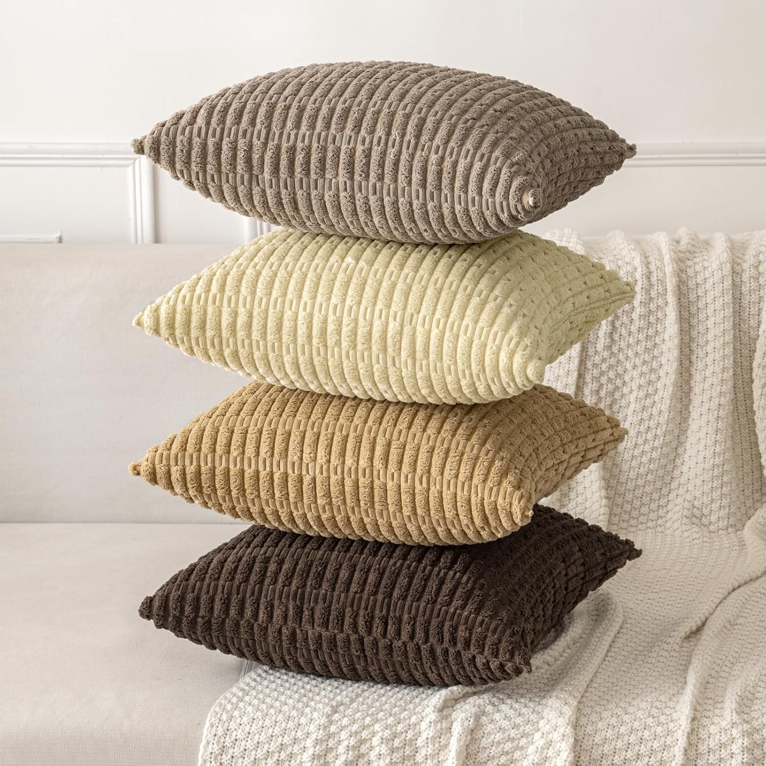 MIULEE Euro Sham Pillow Covers - Soft Corduroy Boho Striped Design | 24x24 Inch Dark Brown for Modern Home Decor