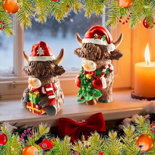 Exasinine Highland Cow Figurines - Festive Christmas Decor with Santa Hat & Candy Cane | 2 Pcs Set