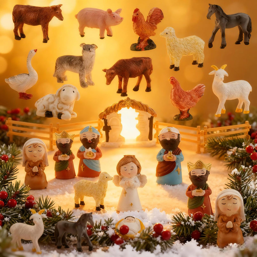 Nativity Scene Advent Calendar, 24 Days Countdown Set with Miniature Figures & Animals, Religious Holiday Decor