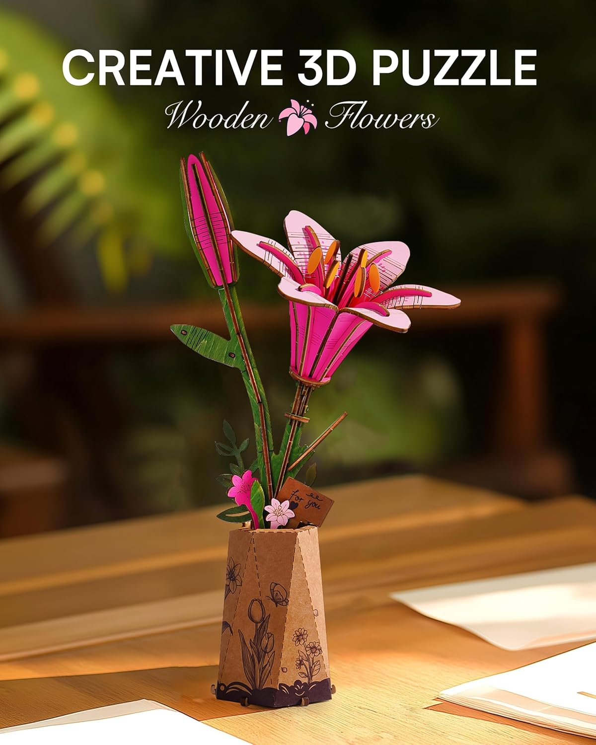 Skiennix 3D Flower Wooden Puzzle - Pink Lily DIY Model Kit for Adults | Creative Gift for Mother's Day (73 PCS)