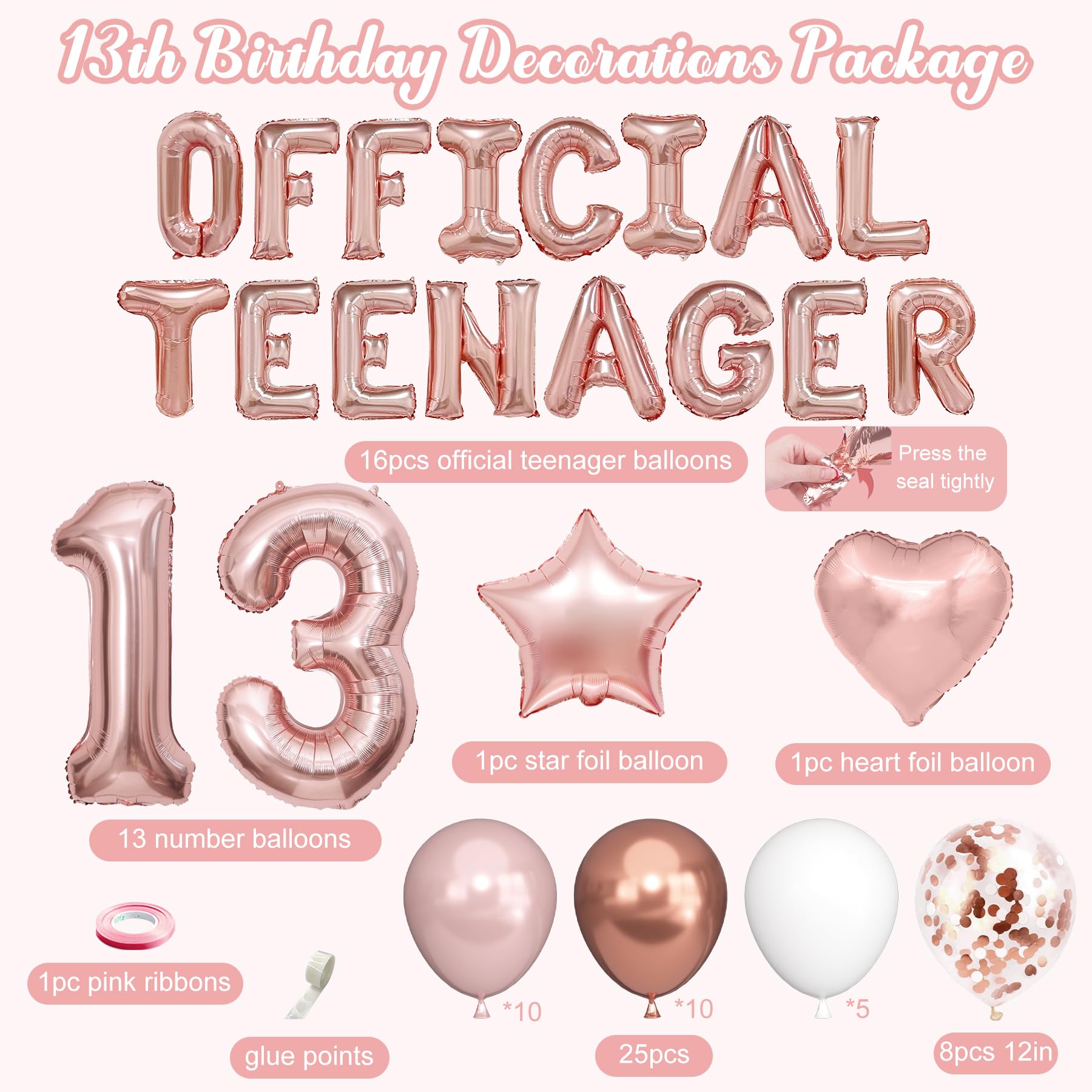 13th Birthday Party Decorations for Girls, Rose Gold Official Teenager Foil Balloons 13th Birthday Banner Fringe Curtain Crown Sash Paper Pompoms Cake Topper for 13 Year Old Girls Party Favor Supplies