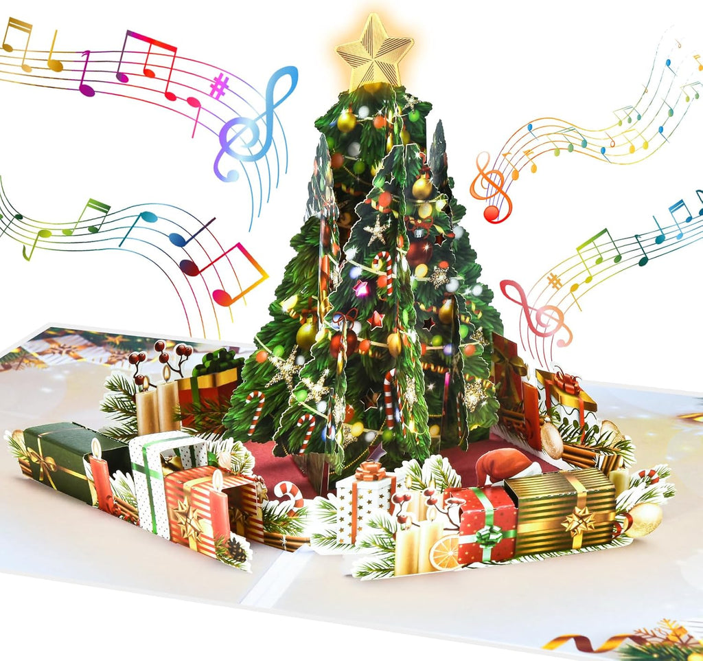 Venhoo Christmas Pop-Up Cards - 3D Musical Greeting Card with Light & Envelopes | Christmas Tree Design