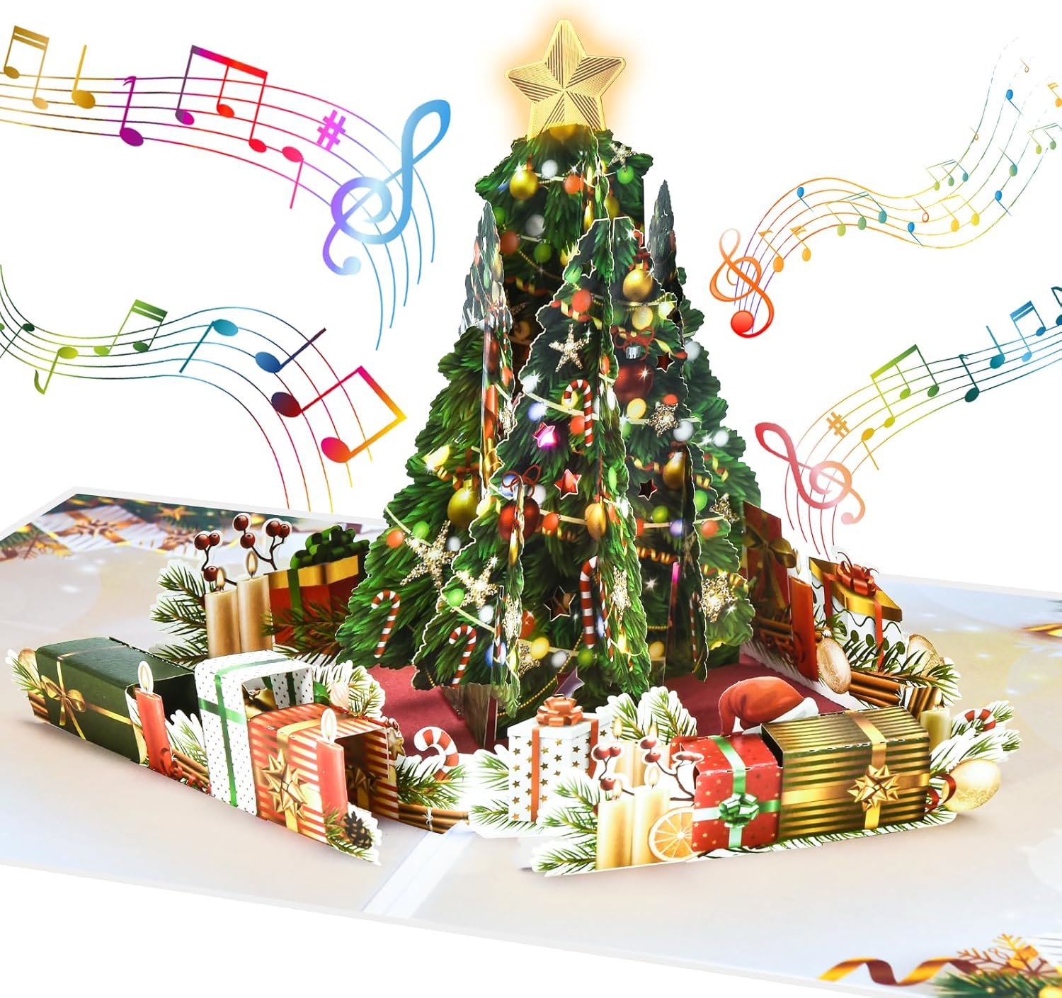 Venhoo Christmas Pop-Up Cards - 3D Musical Greeting Card with Light & Envelopes | Christmas Tree Design