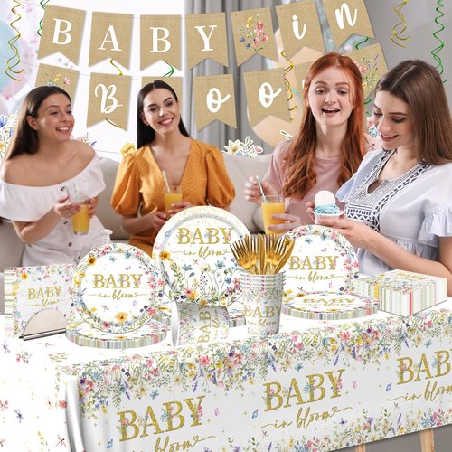 178Pcs Baby in Bloom Baby Shower Decorations-Wildflower Paper Plates and Napkins Kit Girls Floral Baby Shower Dinnerware Serves 24