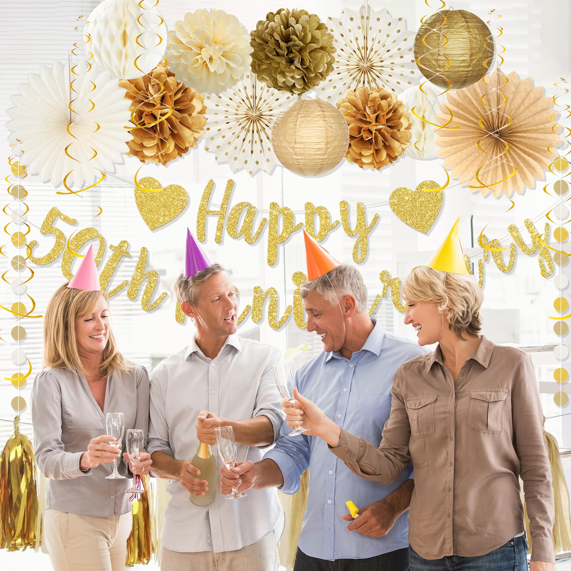 Roetyce 50th Anniversary Decorations, Gold Glitter Happy 50th Anniversary Banner Photo Background for Women Men, Cheers to 50 Years Backdrop Pompoms Paper Fans Party Supplies Dad Mom