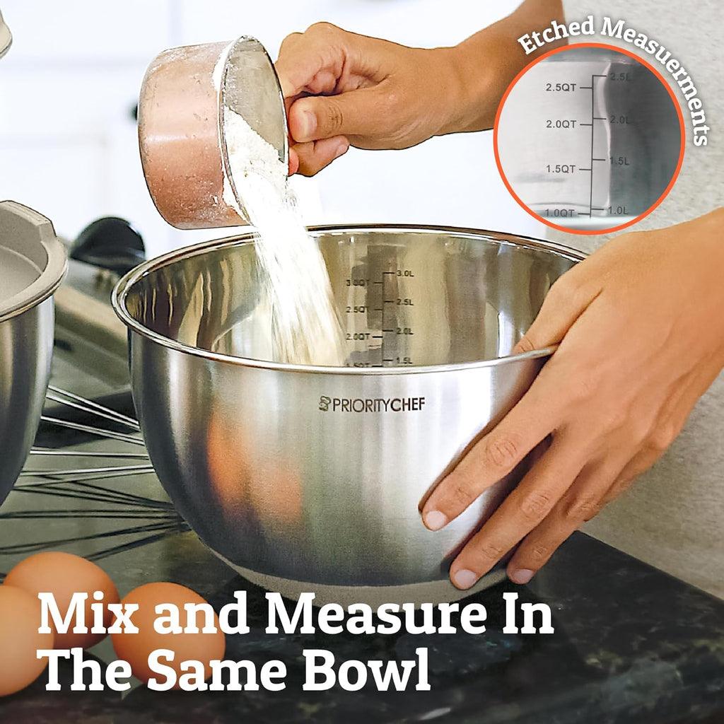 Priority Chef Premium Mixing Bowls Set - Airtight Lids, Non-Slip Base | 5 Nesting Stainless Steel Bowls (1.5-5 Qt) in Khaki