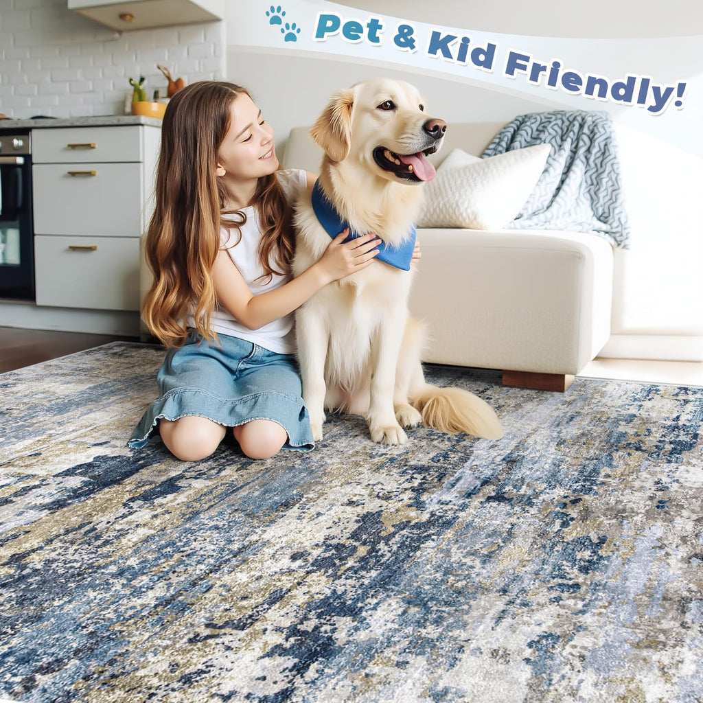 pmtsns Area Rugs 8x10 for Living Room: Washable Rug Modern Abstract Neutral Soft Non-Slip Low-Pile Indoor Large Carpet for Bedroom Dining Room Home Office Children's Room(Blue Grey Brown, 8'x10')