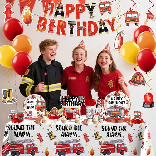 193pcs Firetruck Birthday Decorations Include Fire Truck Plates and Napkins Set, Banner, Hanging, Tablecloth, Balloon, Cupcake Topper, Centerpieces, for Firefighter Party Decorations, Serves 25