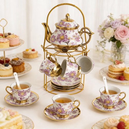 Hebaogugu 20 Pcs Porcelain Tea Set with Metal Holder, European Ceramic Tea Set for Adults, Adult Tea Set Gift, Flower Tea Cup Saucer Set for Party With Gold Flower Painting (Elegant Purple/500ml)