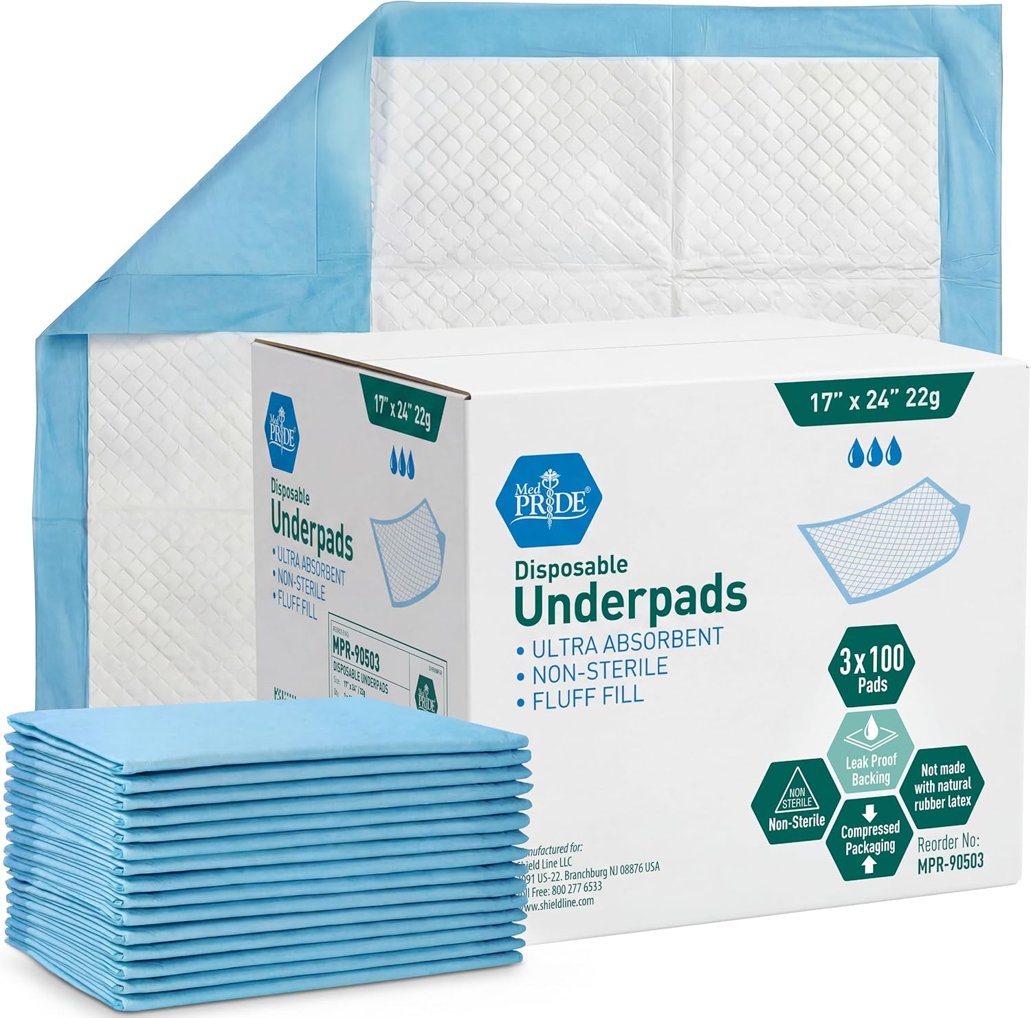 Medpride Disposable Underpads - Super Absorbent Incontinence Pads | 17'' x 24'' (100-Count) for Kids, Adults, Pets