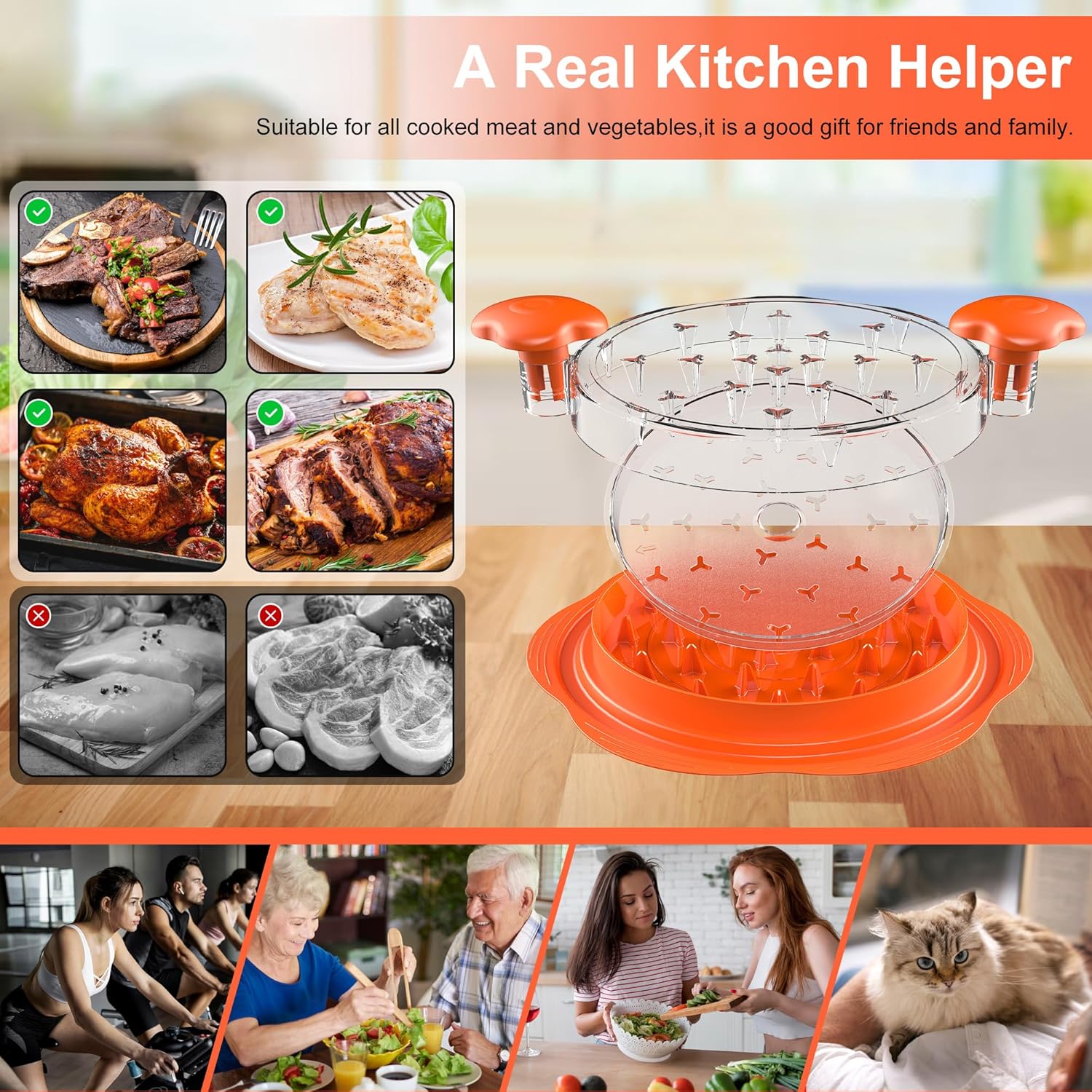 Skiennix Chicken Shredder - Manual Meat Shredder Tool with Transparent Lid & Cleaning Brush | Dishwasher Safe, Orange