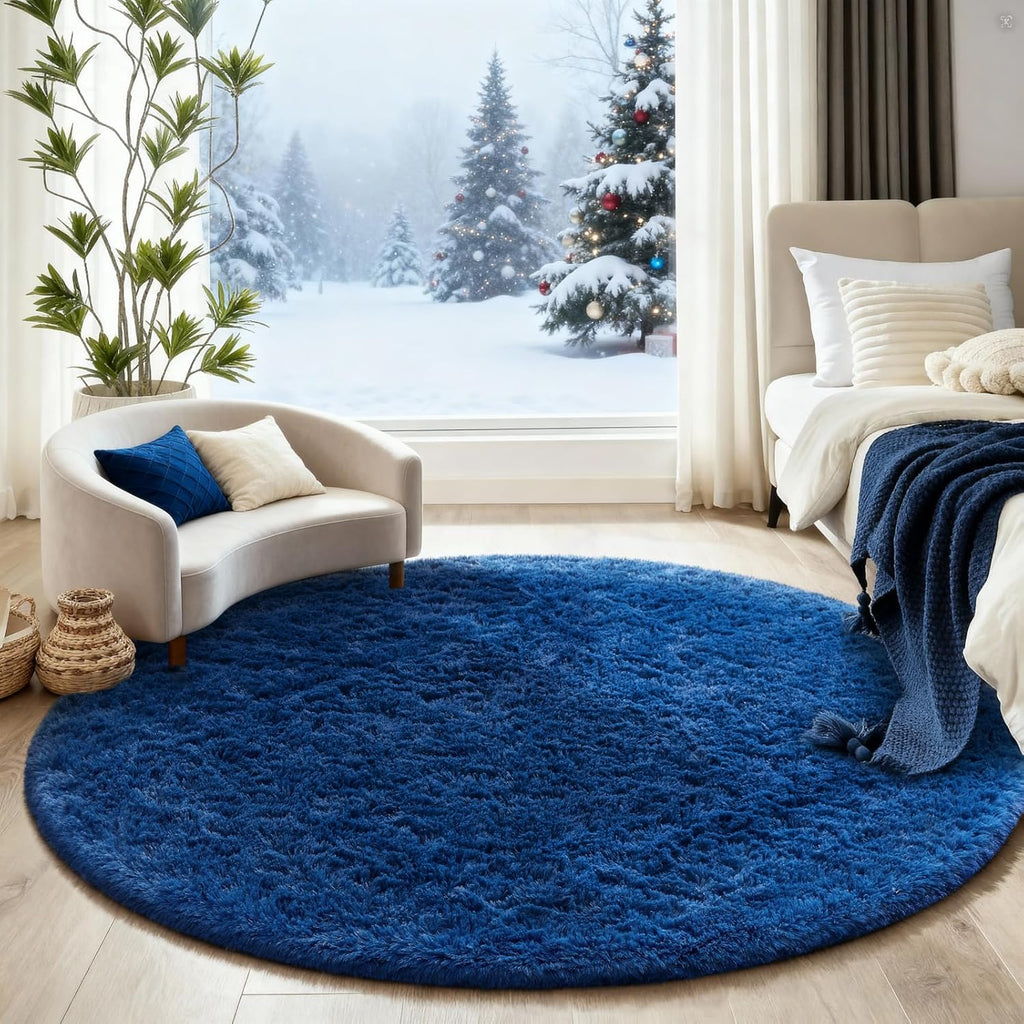 Ophanie Blue Round Rug - 5Ft Plush Circle Area Rug for Kids' Room | Soft Fluffy Shaggy Carpet
