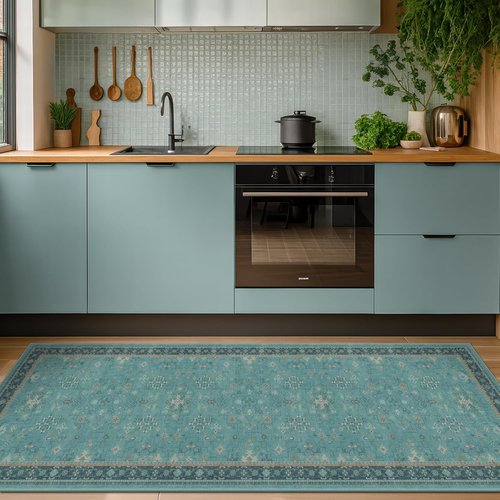 Hazo Haus Boho Kitchen Rug Runner - Teal Non-Slip Design | Washable Floral Decor 2x6 ft