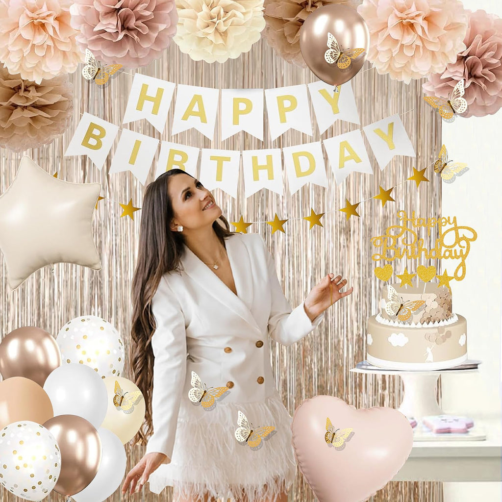 lambent Happy Birthday Decorations Kits for Women Girls,Champagne-Gold Beige Fall Boho Birthday Party Decorations with Foil Balloons,Birthday Banner,Star Banner,Fringe Curtain,Cake Topper