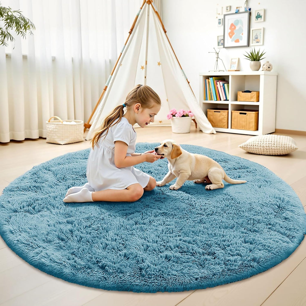 OLANLY Round Slate Blue Area Rug - Soft, Fluffy, Machine Washable 8 ft Circle Carpet for Bedroom & Living Room