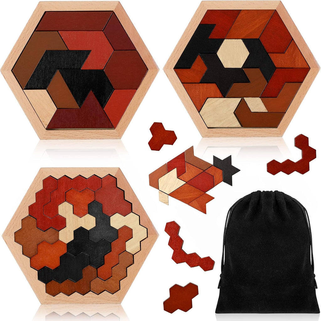Yunsailing Large Hexagon Tangram Puzzle - 3 Pack Wooden Brain Teasers for Adults | Vintage Design
