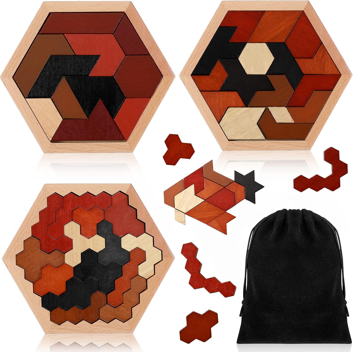 Yunsailing Large Hexagon Tangram Puzzle - 3 Pack Wooden Brain Teasers for Adults | Vintage Design