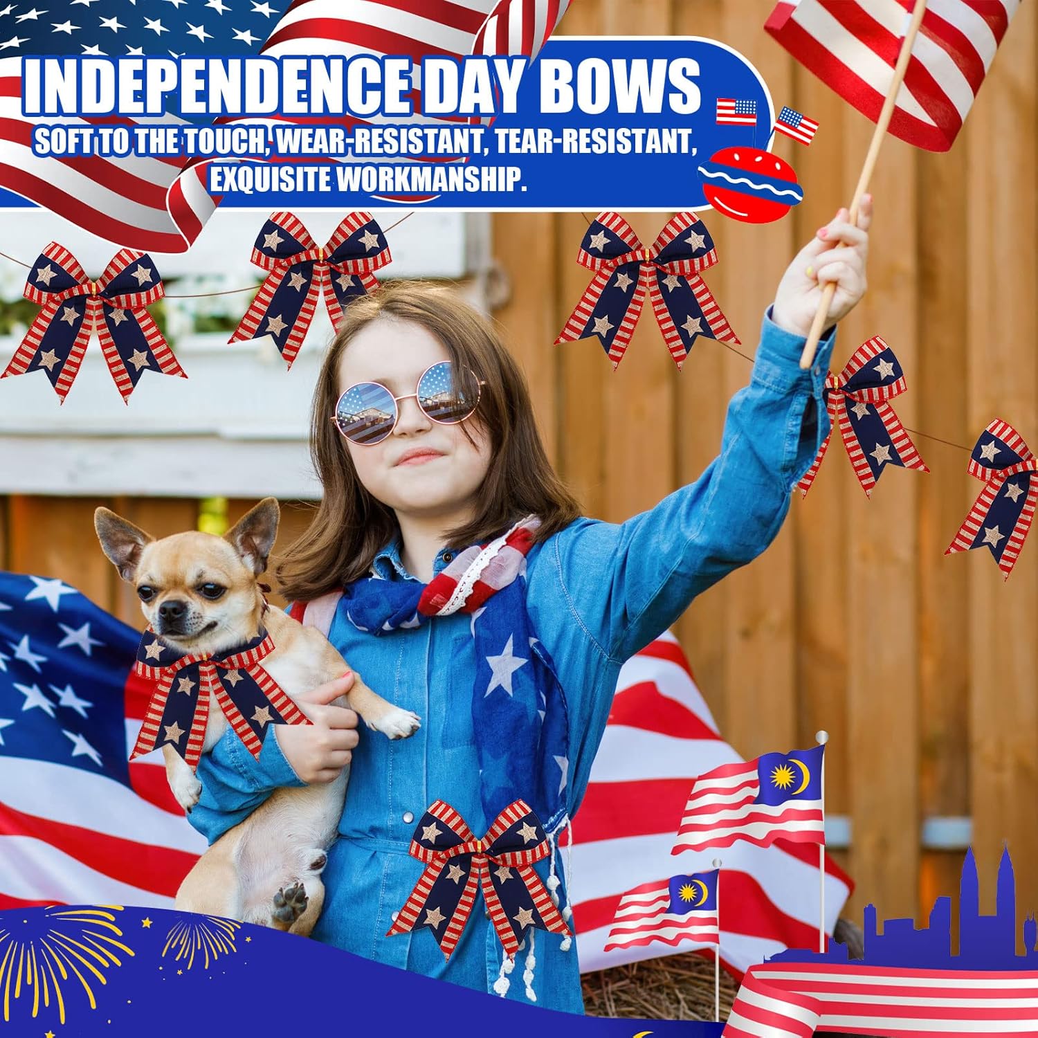 Skiennix 12 Pcs 4th of July Bows - Large Patriotic Burlap Decor for Independence Day | Red, White & Blue