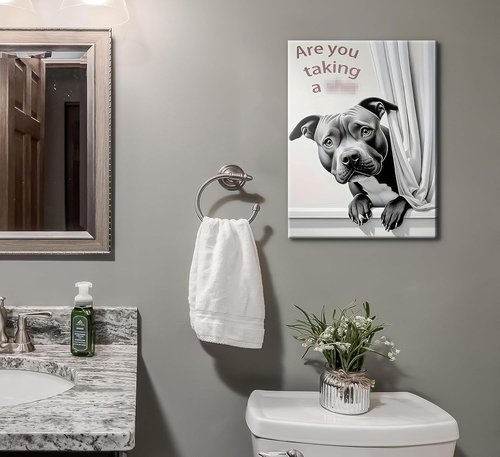 KADEYEE Funny Dog Bathroom Wall Art - French Bulldog Peeking Into Toilet | Black & White Framed Print 12x16 Inch