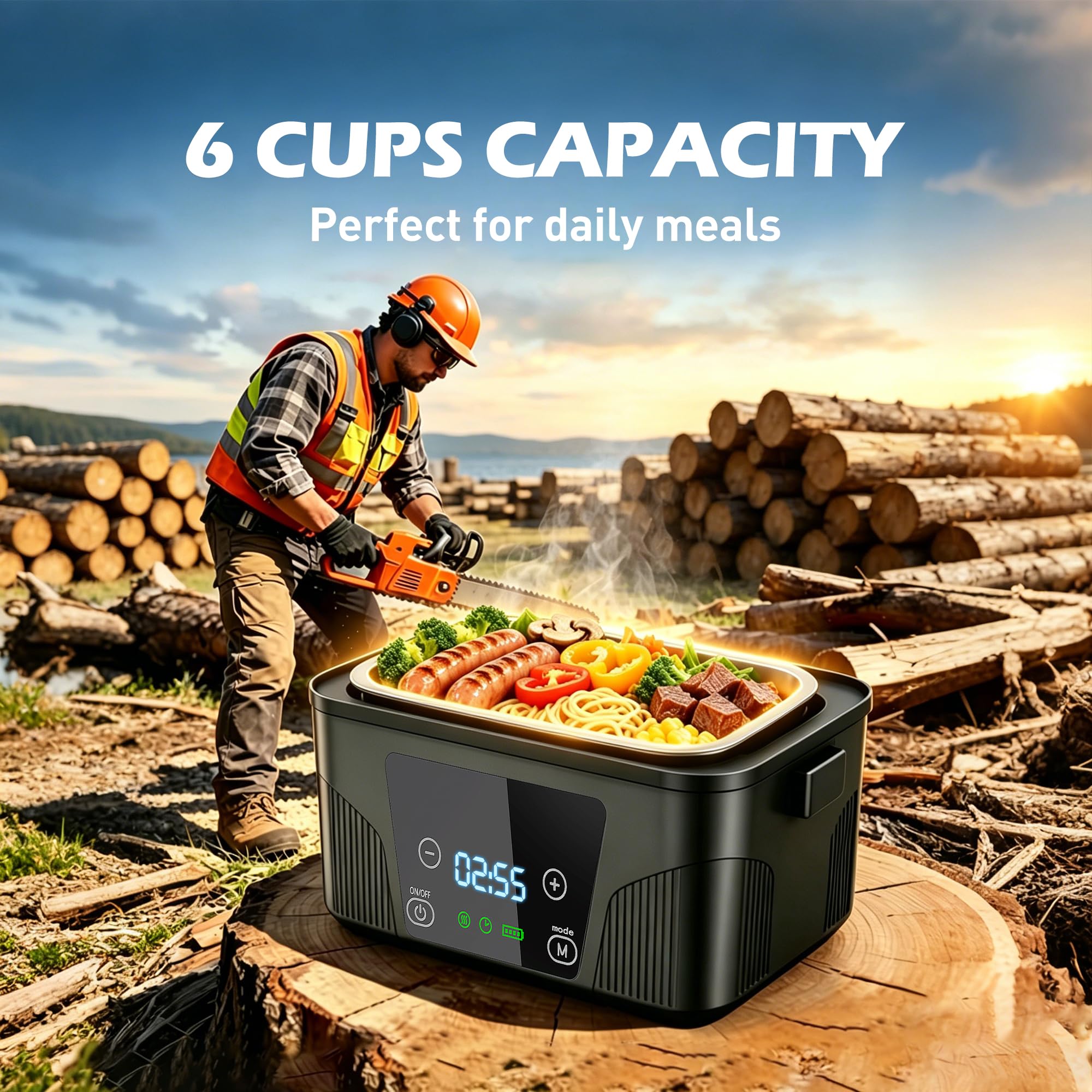 great dachong Heated Lunch Box for Men Adults, 18000mAh Rechargeable Electric Lunch Box Warmer, Wireless Cordless Lunchbox, Portable 6 Cups Battery Powered Food Heater 1.5L for Work Office Car