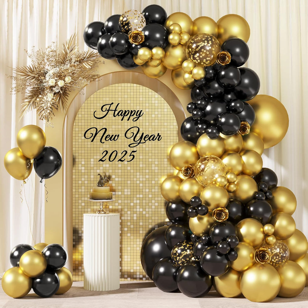 RUBFAC Black and Gold Balloon Garland Arch Kit - 110pcs with Confetti Balloons for Graduation & Wedding Decor