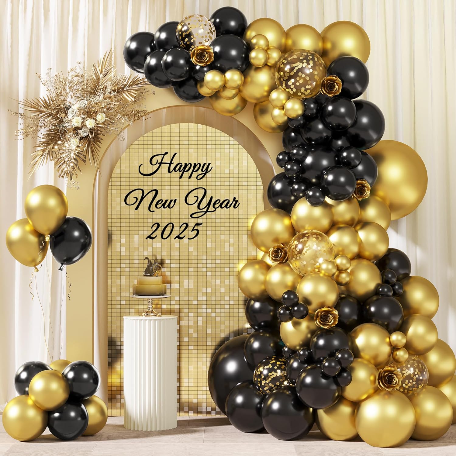 RUBFAC Black and Gold Balloon Garland Arch Kit - 110pcs with Confetti Balloons for Graduation & Wedding Decor