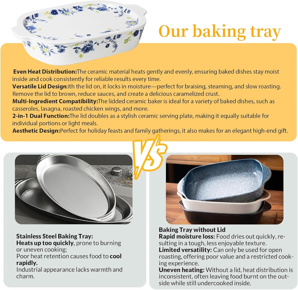 Regine Switzerland Ceramic Casserole Dish Set - 4-Piece Bakeware with Lids | Oven & Microwave Safe, 13x8 & 9x6 Inches