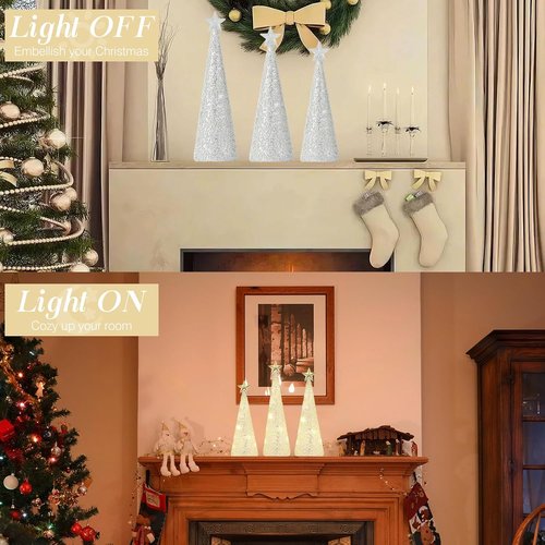 Lewondr LED Glass Christmas Tree Tabletop Lamps - Warm Yellow Light | 3 PCS with Timer & Glitter Ornaments