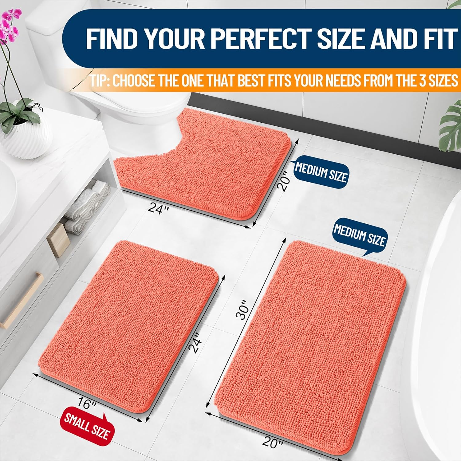 OLANLY Bathroom Rugs - Extra Soft Chenille Bath Mats with Rubber Backing | 30x20 Coral, Quick Dry & Machine Washable
