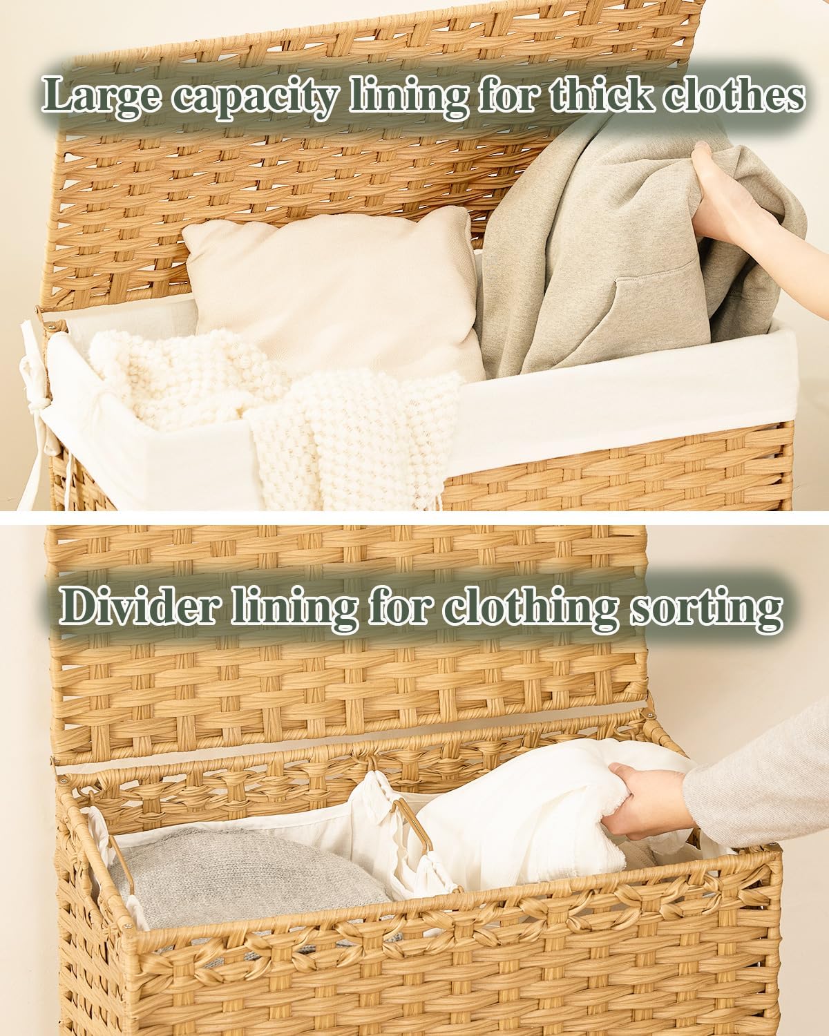 SETVSON Laundry Hamper - Handwoven Rattan Basket with Lid & 3 Removable Liners | 112L (29.6 Gal)