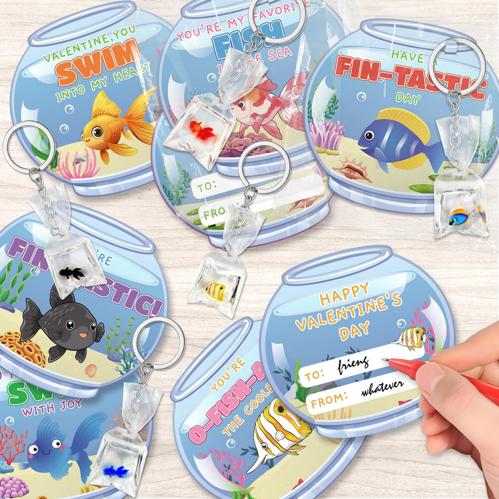 Valentines Day Cards for Kids School, 24 Pack Valentine's Day Gifts for Kids with Resin Fish Charms Classroom Exchange Gifts, 3D Fish Water Bag Charms Valentine Party Favors Prizes for Boys & Girls
