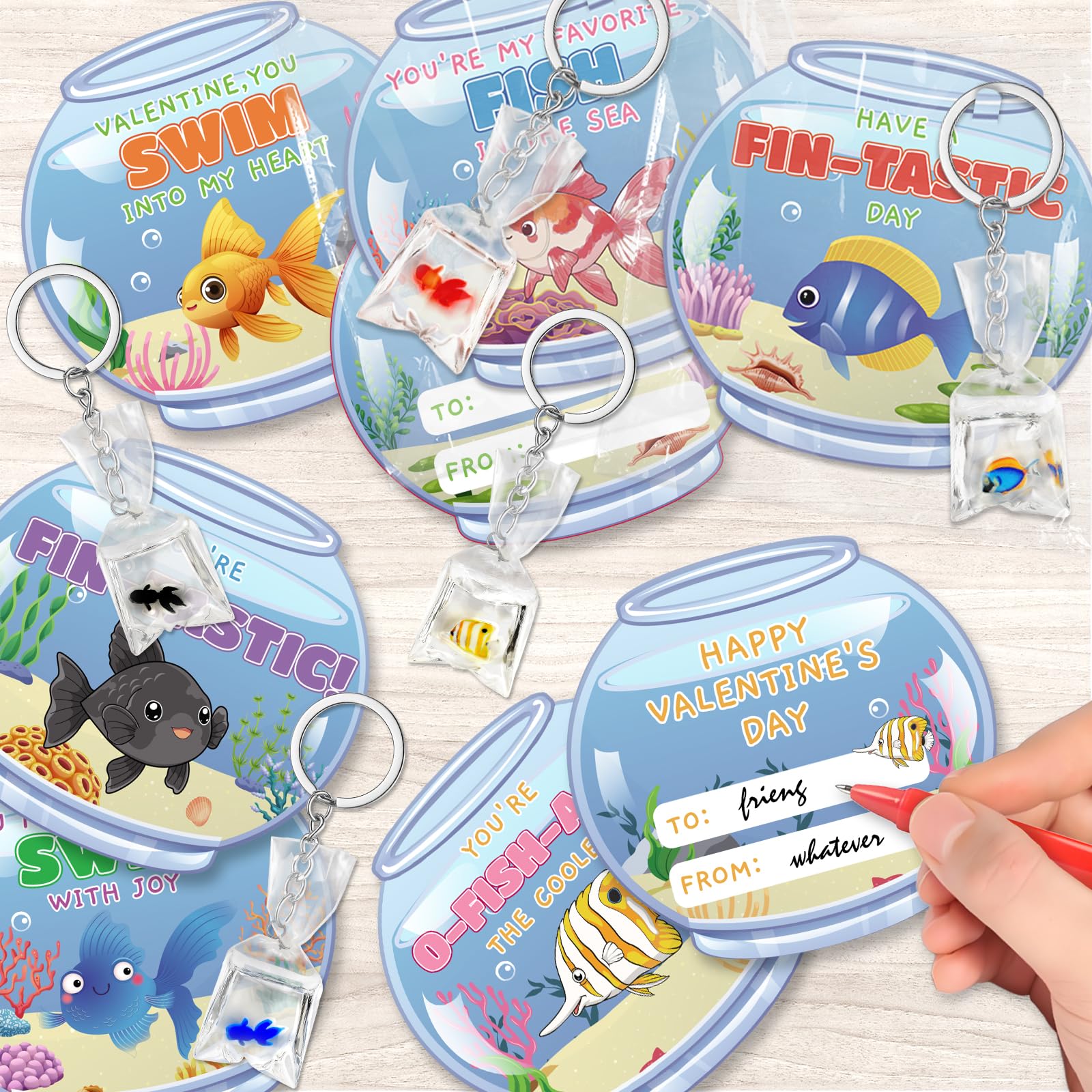 Valentines Day Cards for Kids School, 24 Pack Valentine's Day Gifts for Kids with Resin Fish Charms Classroom Exchange Gifts, 3D Fish Water Bag Charms Valentine Party Favors Prizes for Boys & Girls