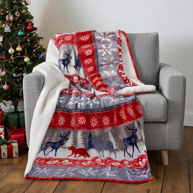Nordic Reindeer Fleece Throw Blanket 78x78 Red - Cozy Holiday Decor