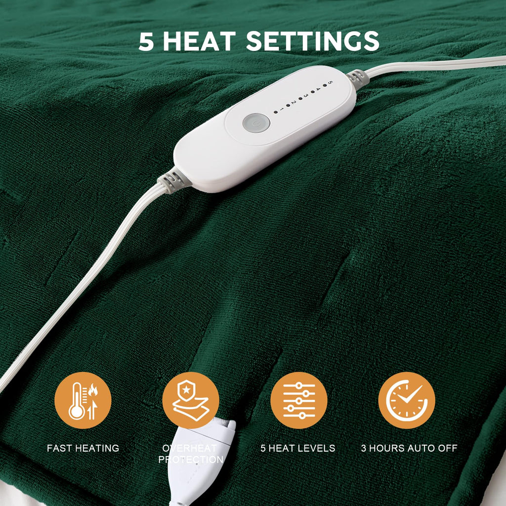 HYLEORY Heated Electric Blanket Queen 84"x90" Soft Fleece & Flannel with 5 Heating Levels & 10 Hours Timer Auto Shutt Off, ETL Certified, Washable，Heated Blanket for Body-Dark Green