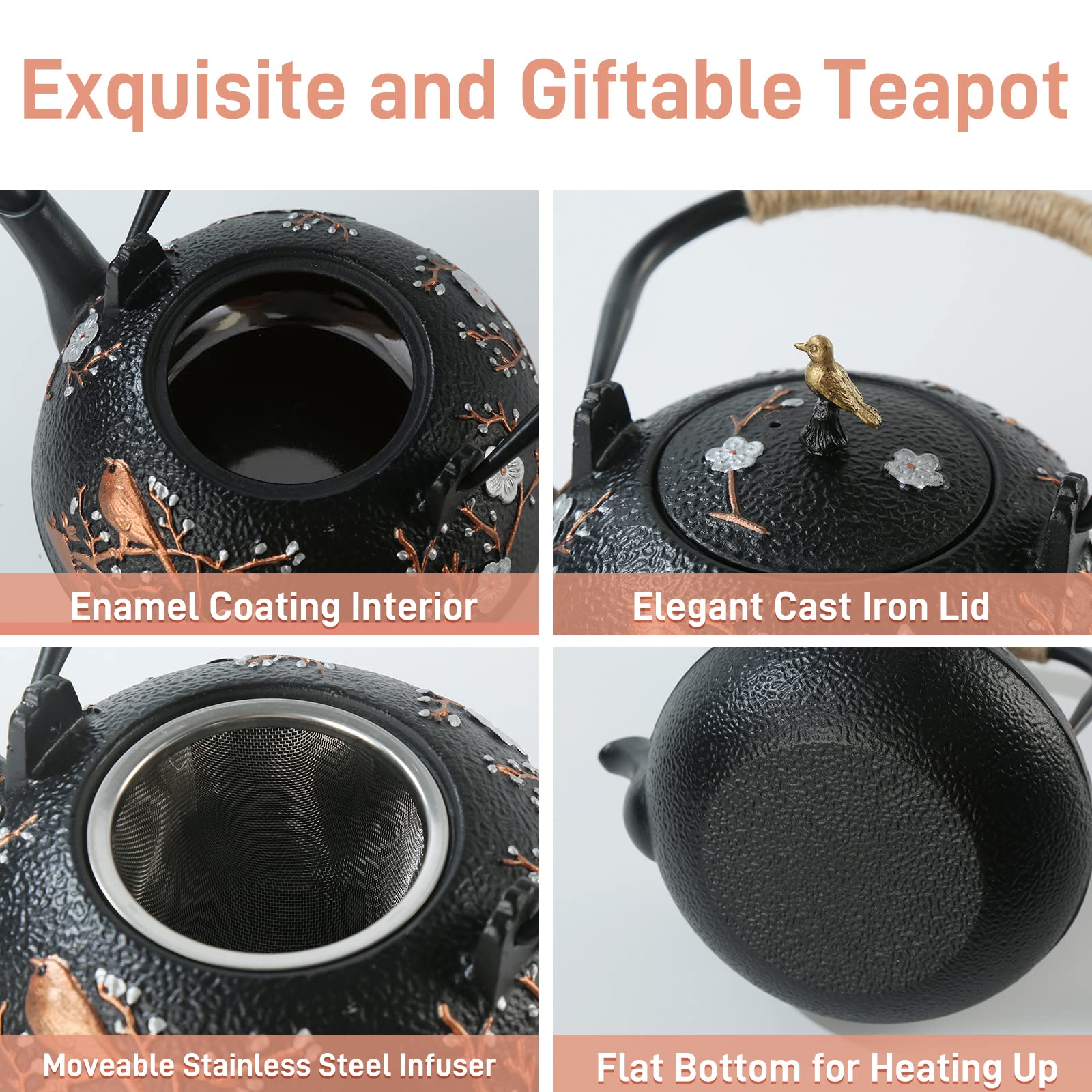 Cast Iron Teapot SECHUDO Teapot for Stovetop Safe Coated with Enameled Interior,Japanese Beautiful Tea Kettle with Stainless Steel Infuser for Loose Tea (40.6oz/1200ml)