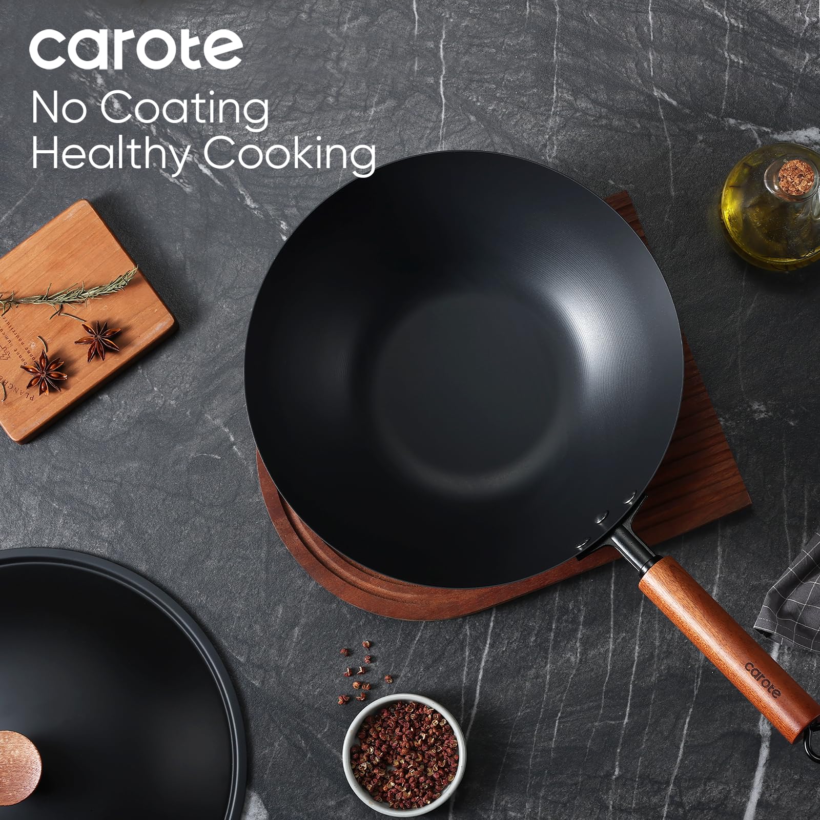 CAROTE 12.5" Carbon Steel Wok Pan, 6.5QT Woks & Stir-fry Pans Nonstick, No Chemical Coated Pre-Seasoned Flat Bottom Wok with Lid for Stir Fry, Chinese Cast Iron Wok Cooking Pan All Stovetop Compatible