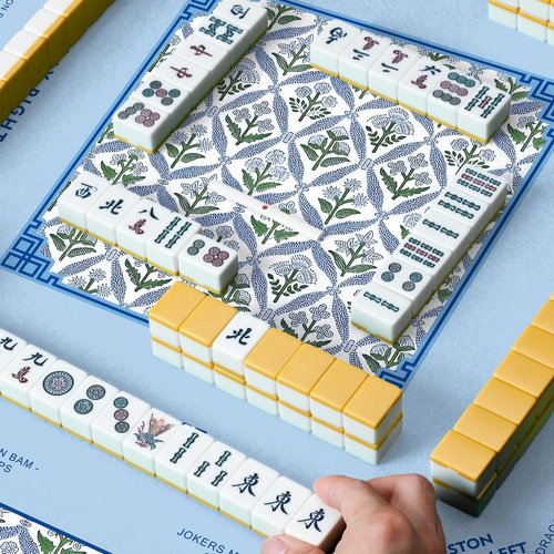 Hillsuren Mahjong Tablecloth 55" x 55" Polyester Blue Block Print Floral Flower Square Instructional Design with Rules for Family Game Night Party Favor Supplies