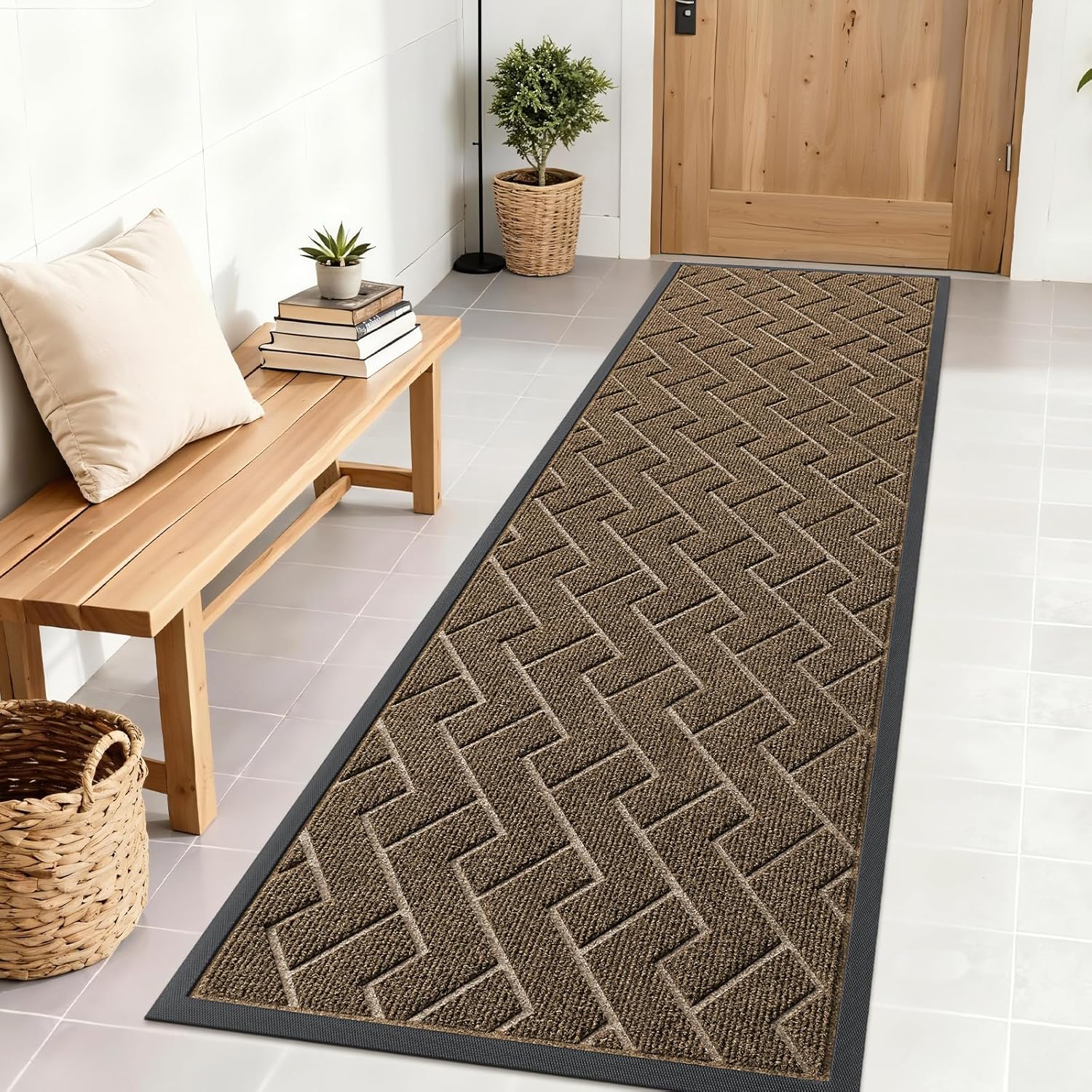 OLANLY Waterproof Front Door Mat - All-Season Indoor/Outdoor Doormat, Sturdy Natural Rubber, Herringbone Brick (Brown, 71x23)
